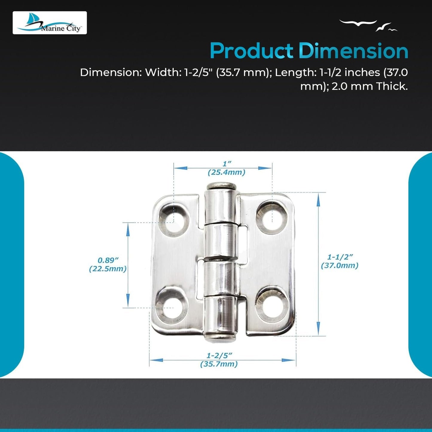 Marine City 304 Stainless Steel Heavy Duty Door Hinges (1-2/5” x 1-1/2”) Marine City