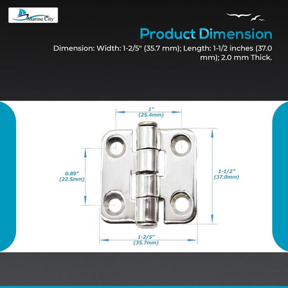 Marine City 304 Stainless Steel Heavy Duty Door Hinges (1-2/5” x 1-1/2”) Marine City