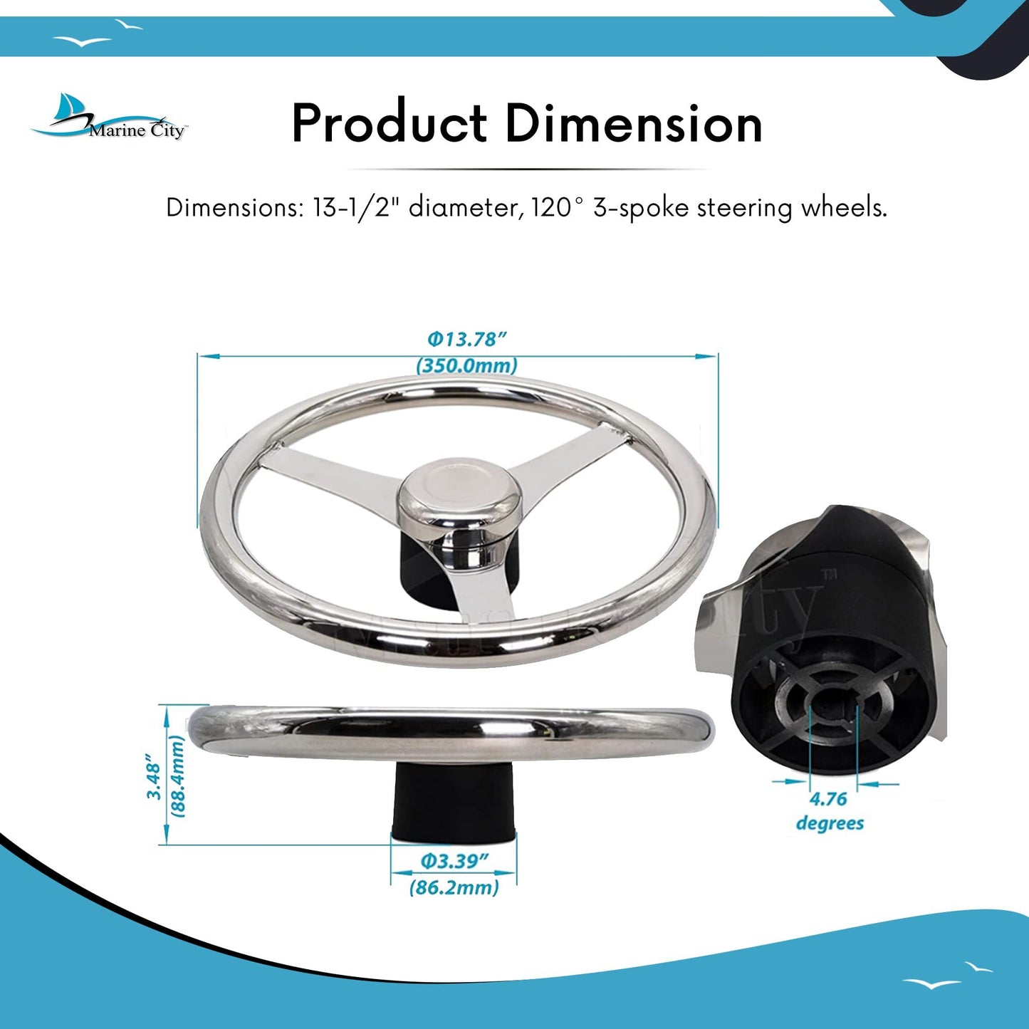 MARINE CITY Volante deportivo de acero inoxidable de grado marino de 13-1/2"