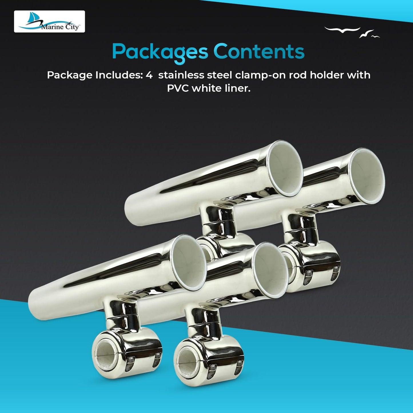 Marine City Adjustable Fishing Rod Holder – 304 Stainless Steel Clamp-On (4 Pcs)