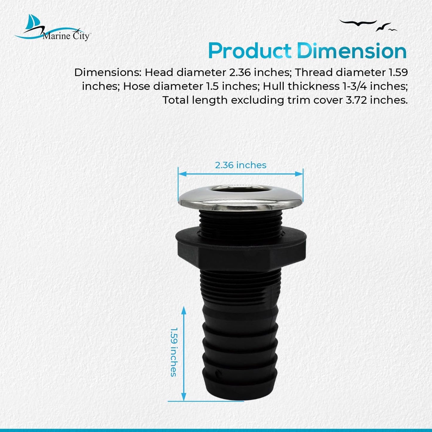 Marine City Nylon Thru-Hull Fitting with 316 Stainless Steel Trim & Flapper MARINE CITY