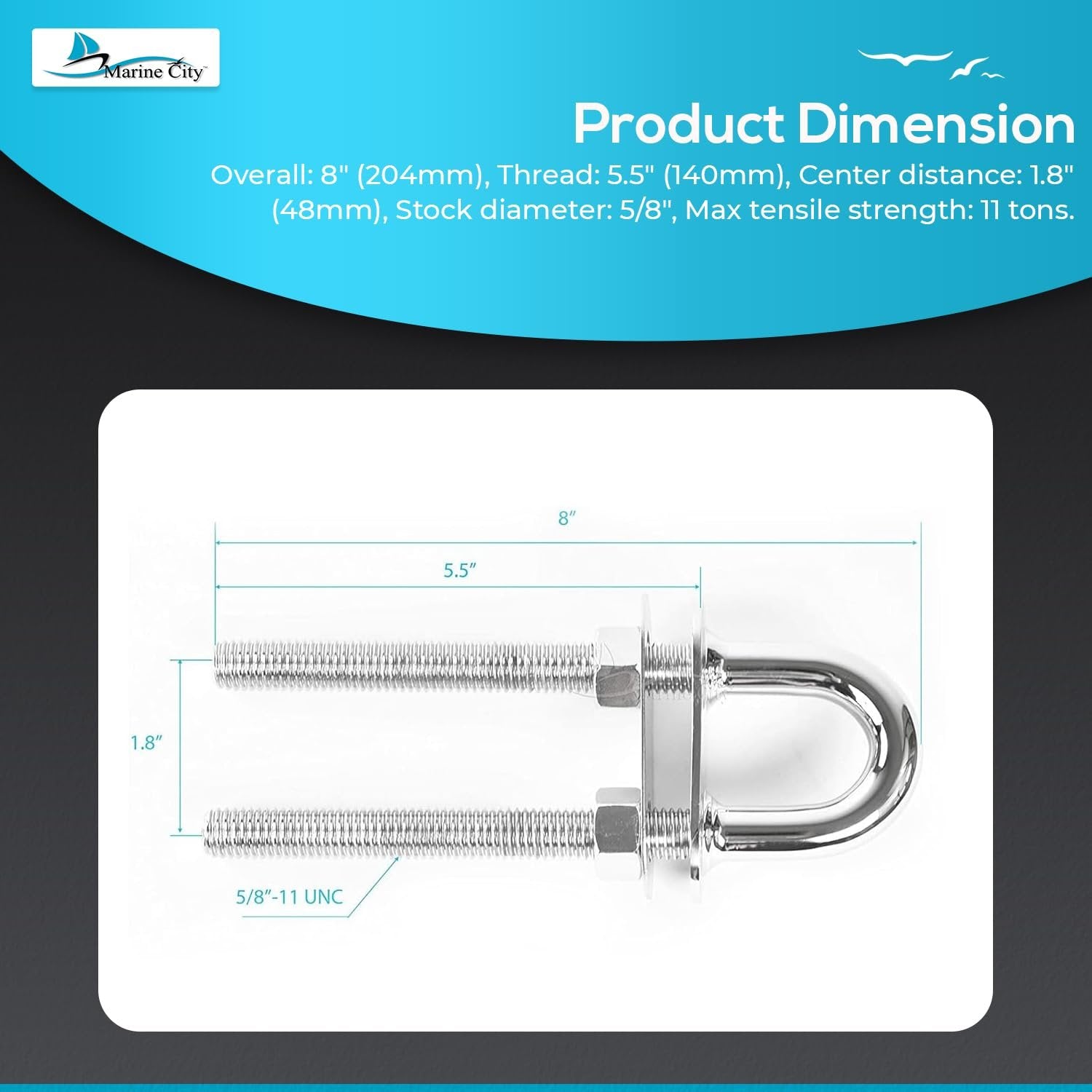 Marine City 304 Stainless Steel Stern Bow Eye Tie Down U-Bolt – 8 x 5/8 Inches Marine City Hardware