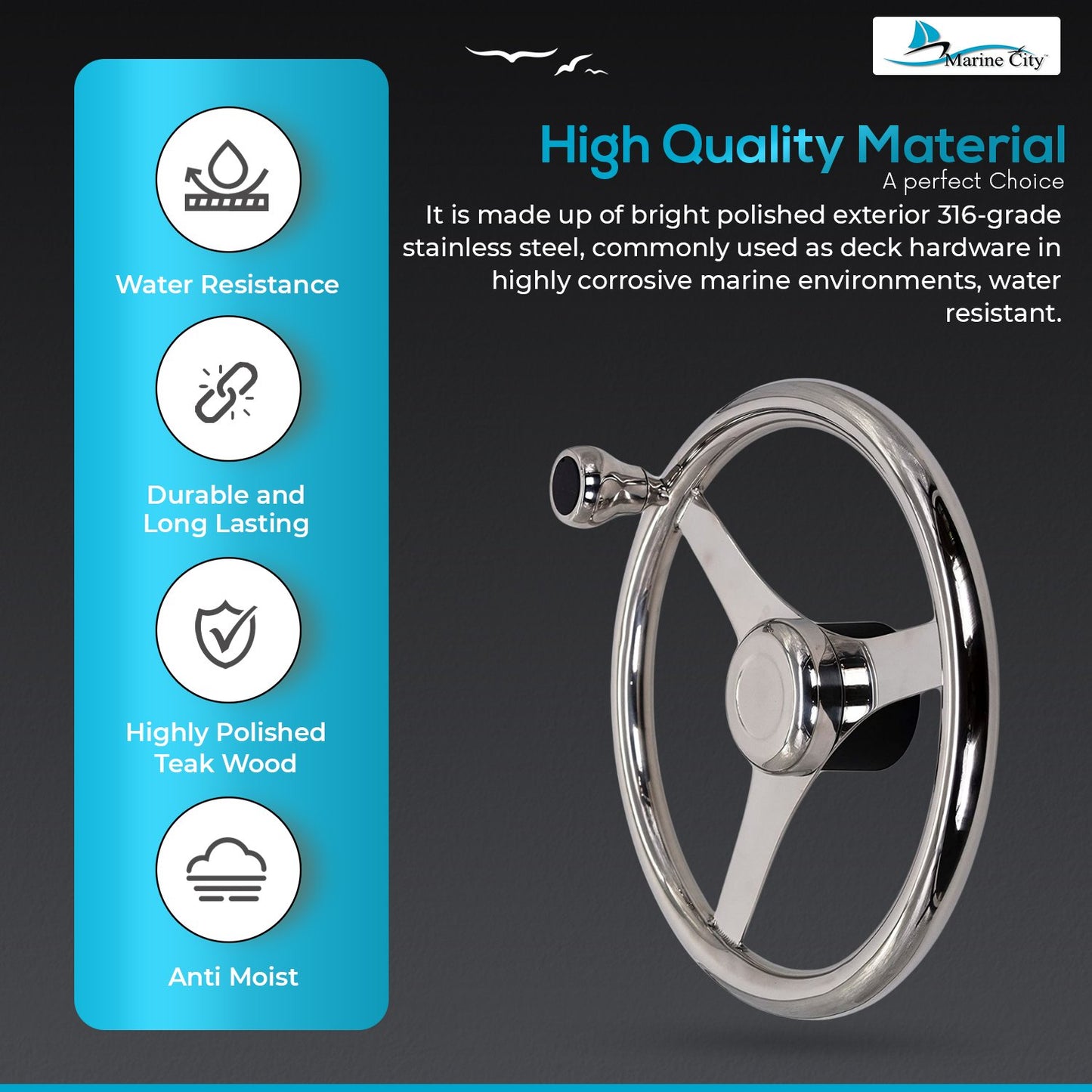 Marine City 13.5” 316 Stainless Steel 3-Spoke Sports Steering Wheel with Knob
