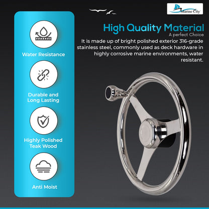 Marine City 13.5” 316 Stainless Steel 3-Spoke Sports Steering Wheel with Knob