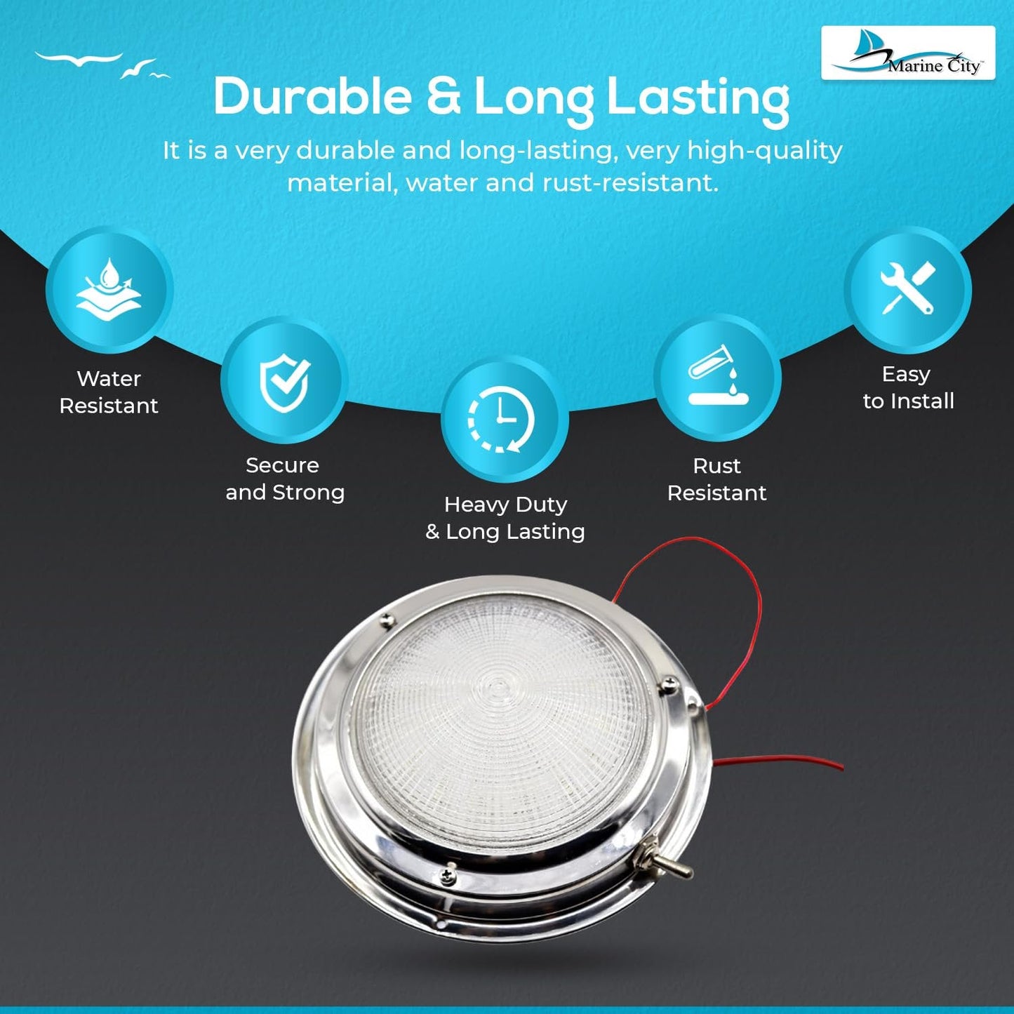 Marine City 304 Stainless Steel LED Dome Light – 4” Lens, 3W, Long Battery Life Marine City