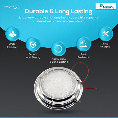 Marine City 304 Stainless Steel LED Dome Light – 4” Lens, 3W, Long Battery Life Marine City