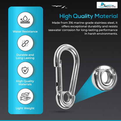 Marine City Carabiner Clip Snap Hook with Ring – 2-3/8” Stainless Steel (4 Pcs)