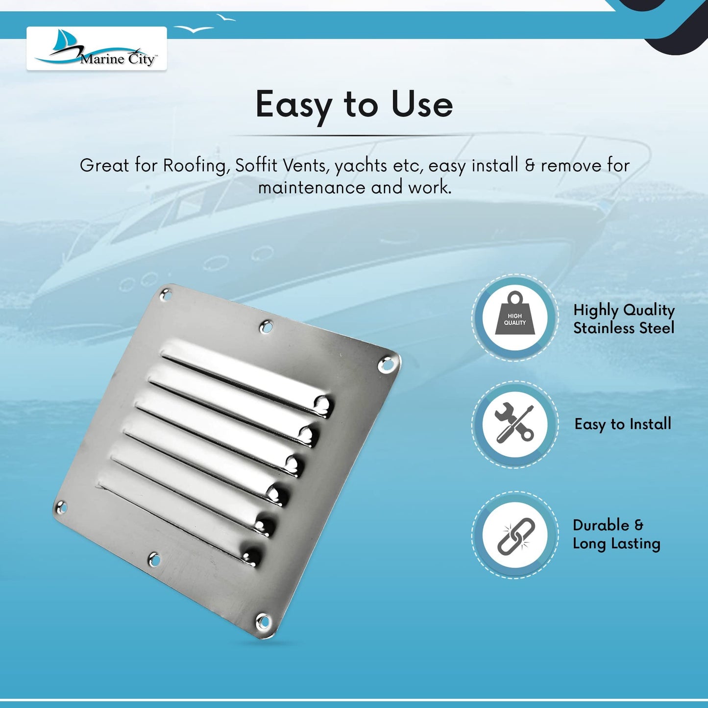 Marine City 304 Stainless Steel Rectangle Stamped Louvered Vent – 5 × 4-1/2 Inch