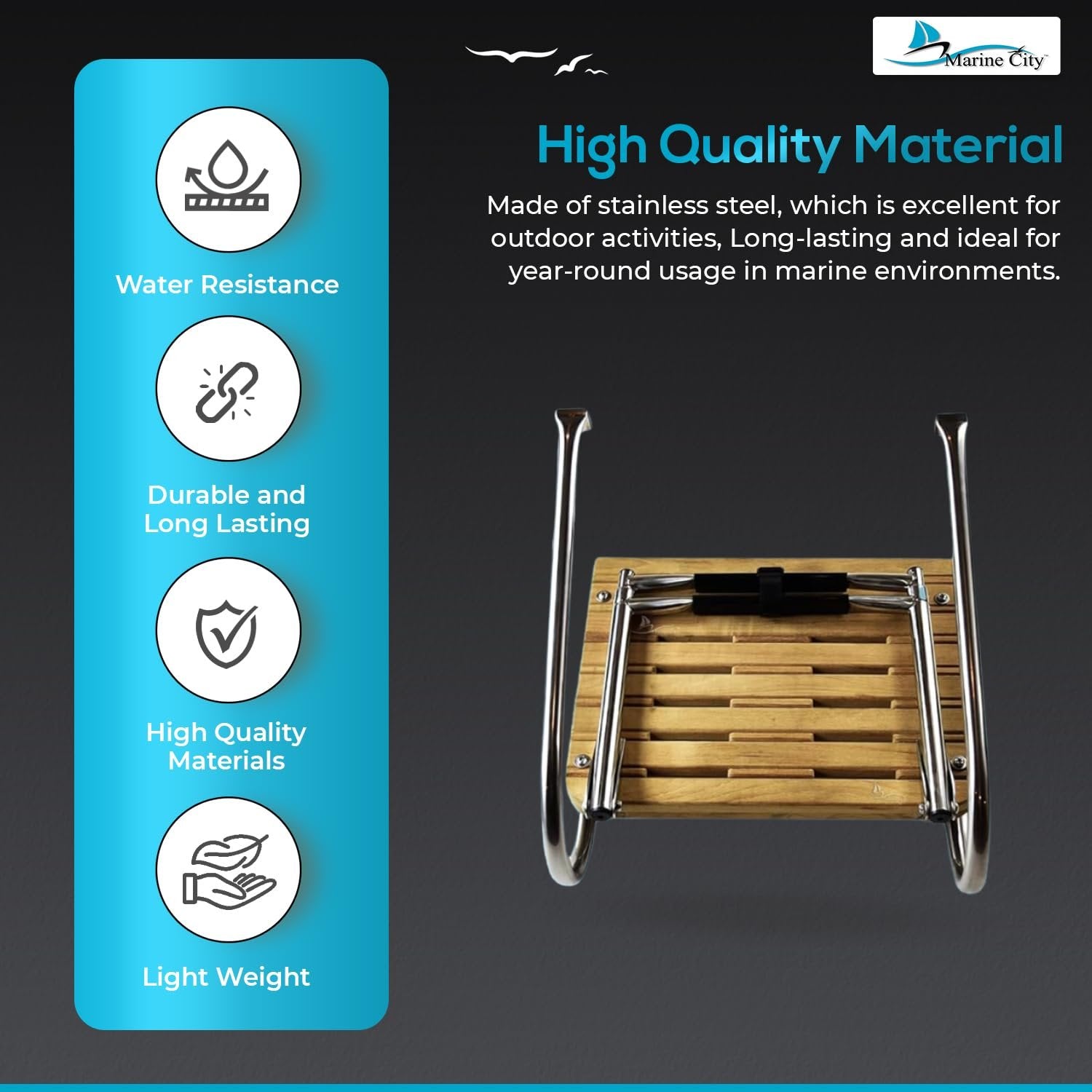 Marine City Stainless Steel 2-Step Swim Teak Platform Telescoping Boat Ladder MARINE CITY