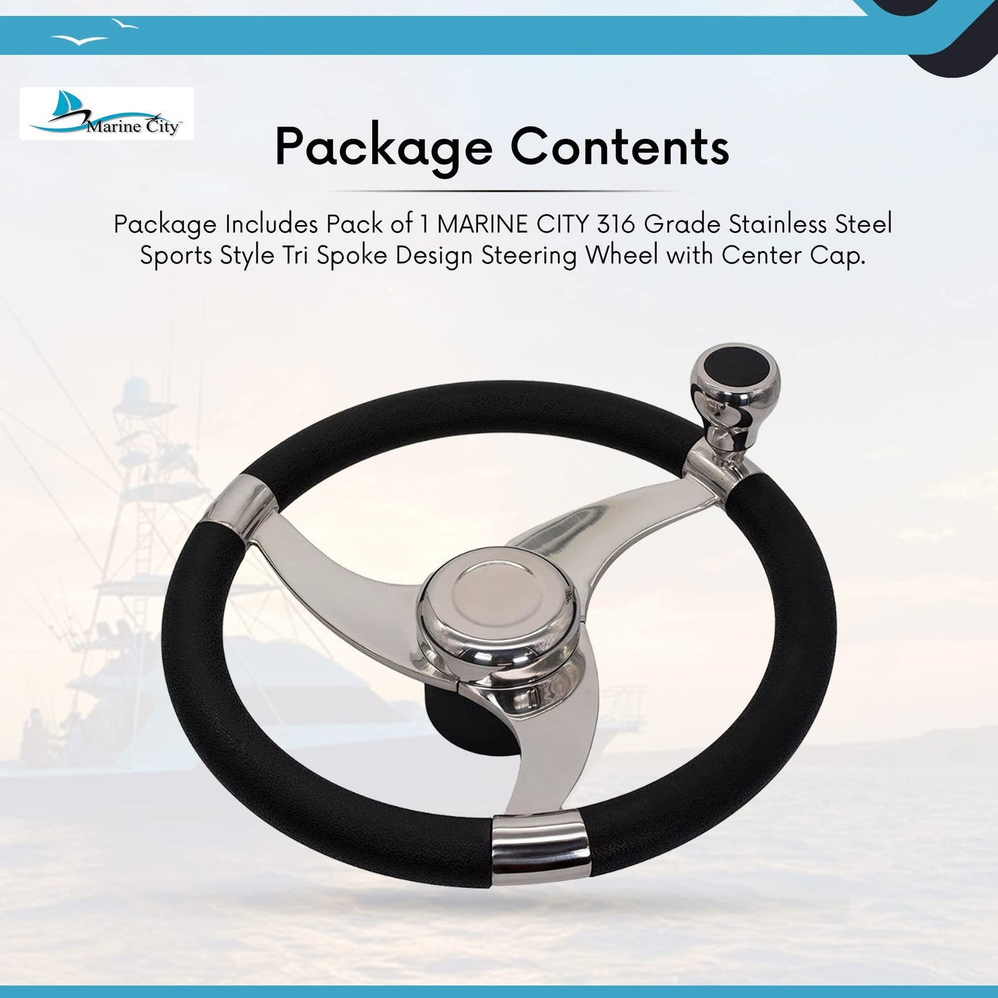 Marine City Sports 3-Spoke Steering Wheel – 316 Stainless Steel, 13-1/2 Inch