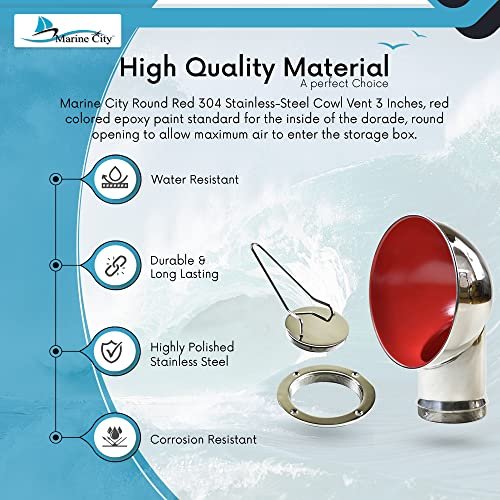 Marine City 304 Stainless Steel Round Red Cowl Vent with 3” Deck Plate & Key