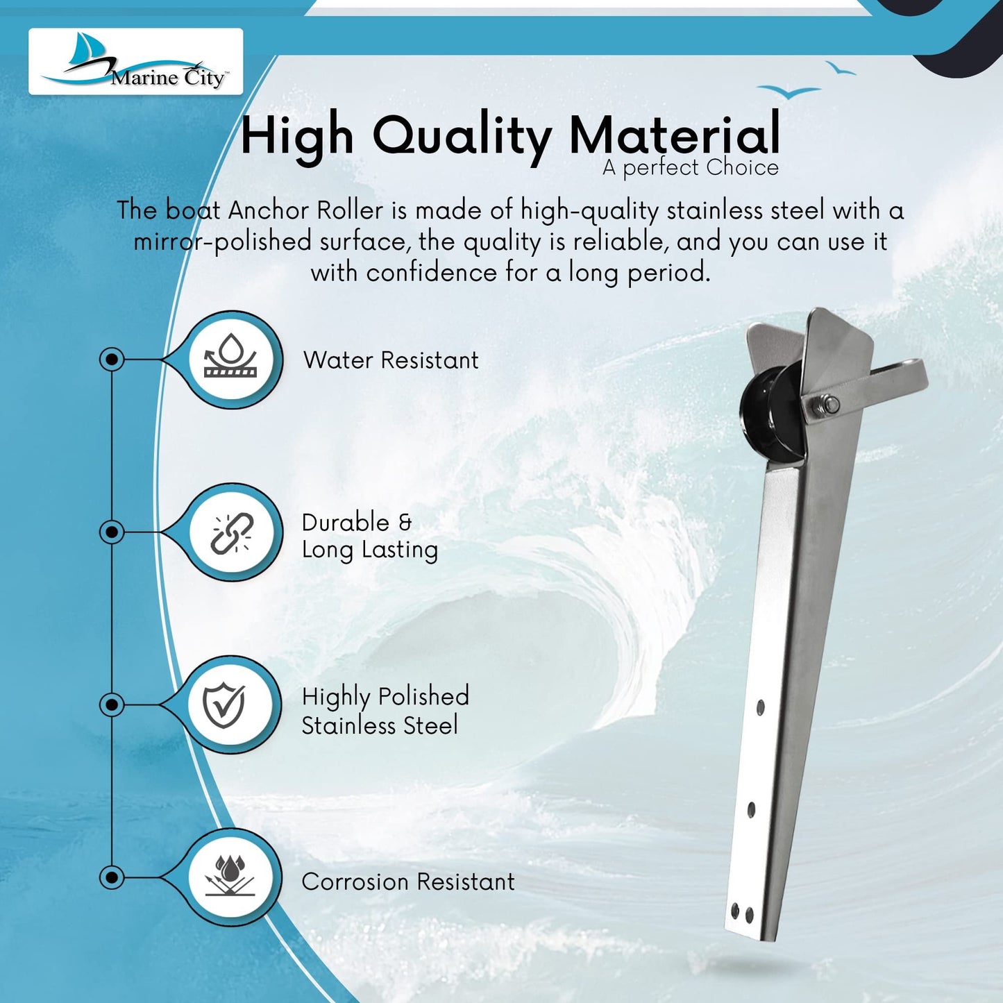 Marine City Stainless Steel Anchor Roller Bracket 19.5” Bow Mount w/ Rubber Roller