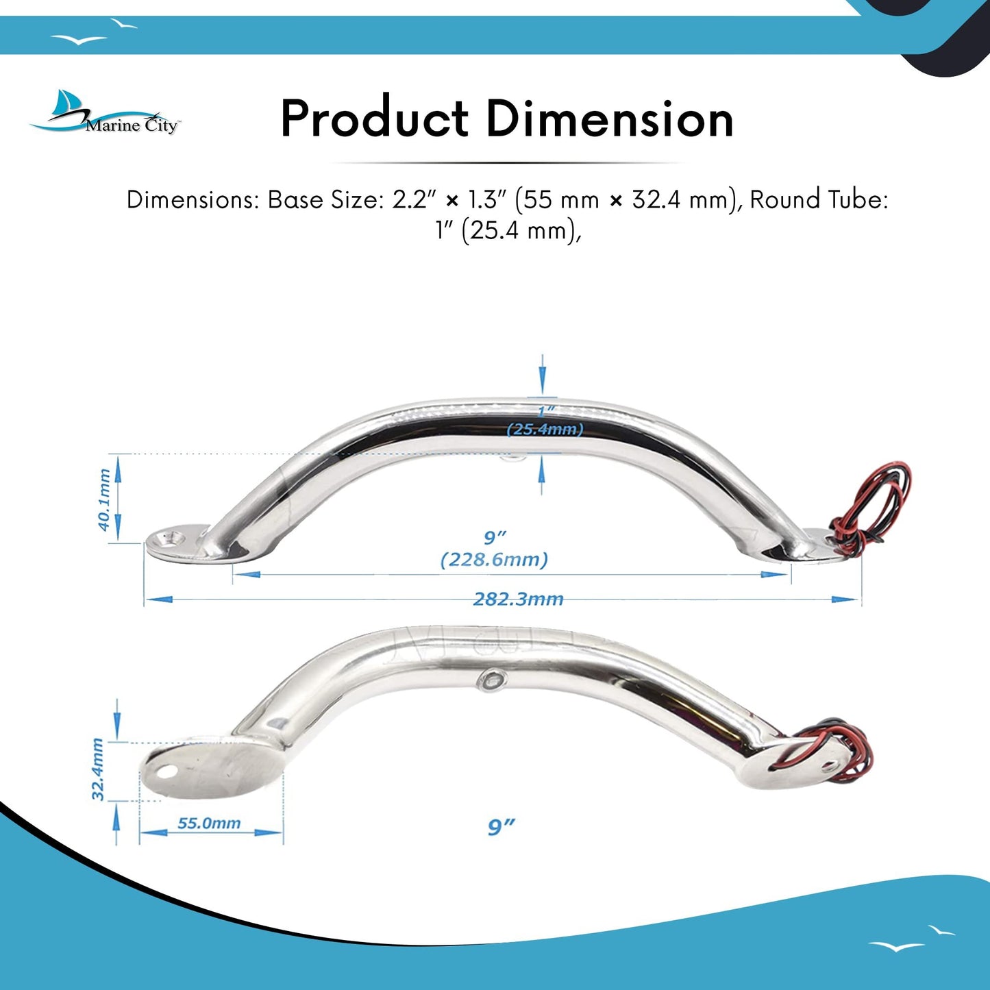 Marine City LED Grab Rail Handle, 9 Inch, Stainless Steel with Blue LED Light