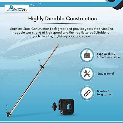 Marine City Rail Mount Flag Staff & 21" Flagpole–304 Stainless Steel, Black Base Marine City
