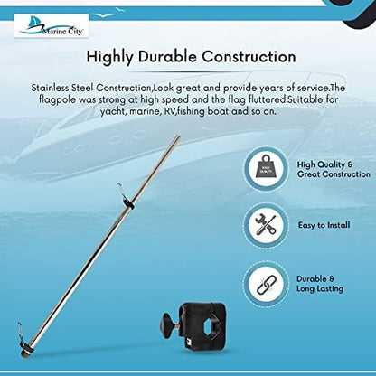 Marine City Rail Mount Flag Staff & 21" Flagpole–304 Stainless Steel, Black Base Marine City