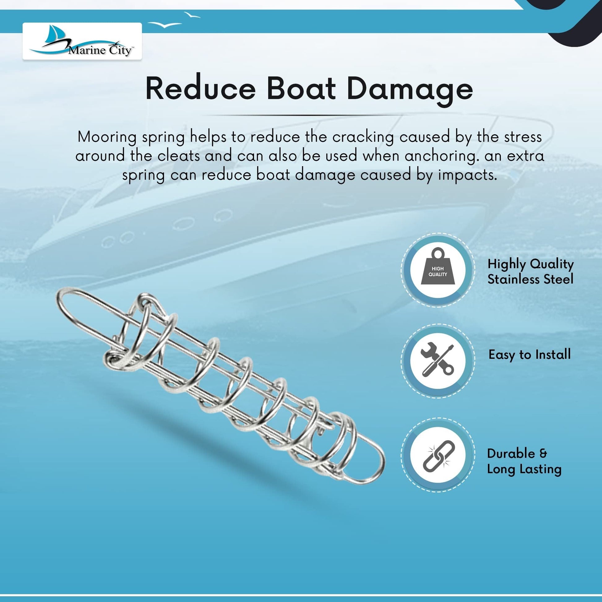 Marine City Boat Anchor Dock Line Mooring Spring – 304 Stainless Steel, 10-5/8" MARINE CITY