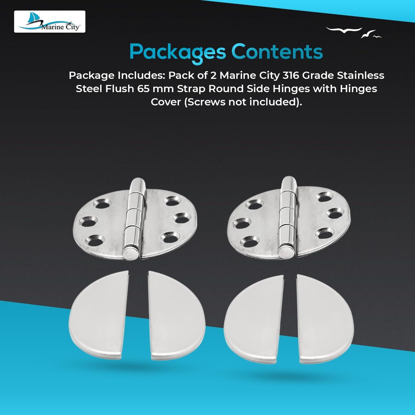 Marine City Stainless Steel Flush 65mm Strap Round Side Hinges w/ Cover (2 Pcs)