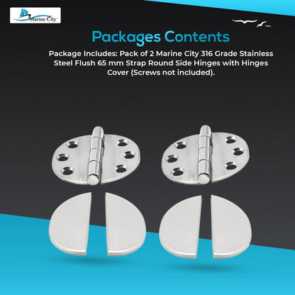 Marine City Stainless Steel Flush 65mm Strap Round Side Hinges w/ Cover (2 Pcs)