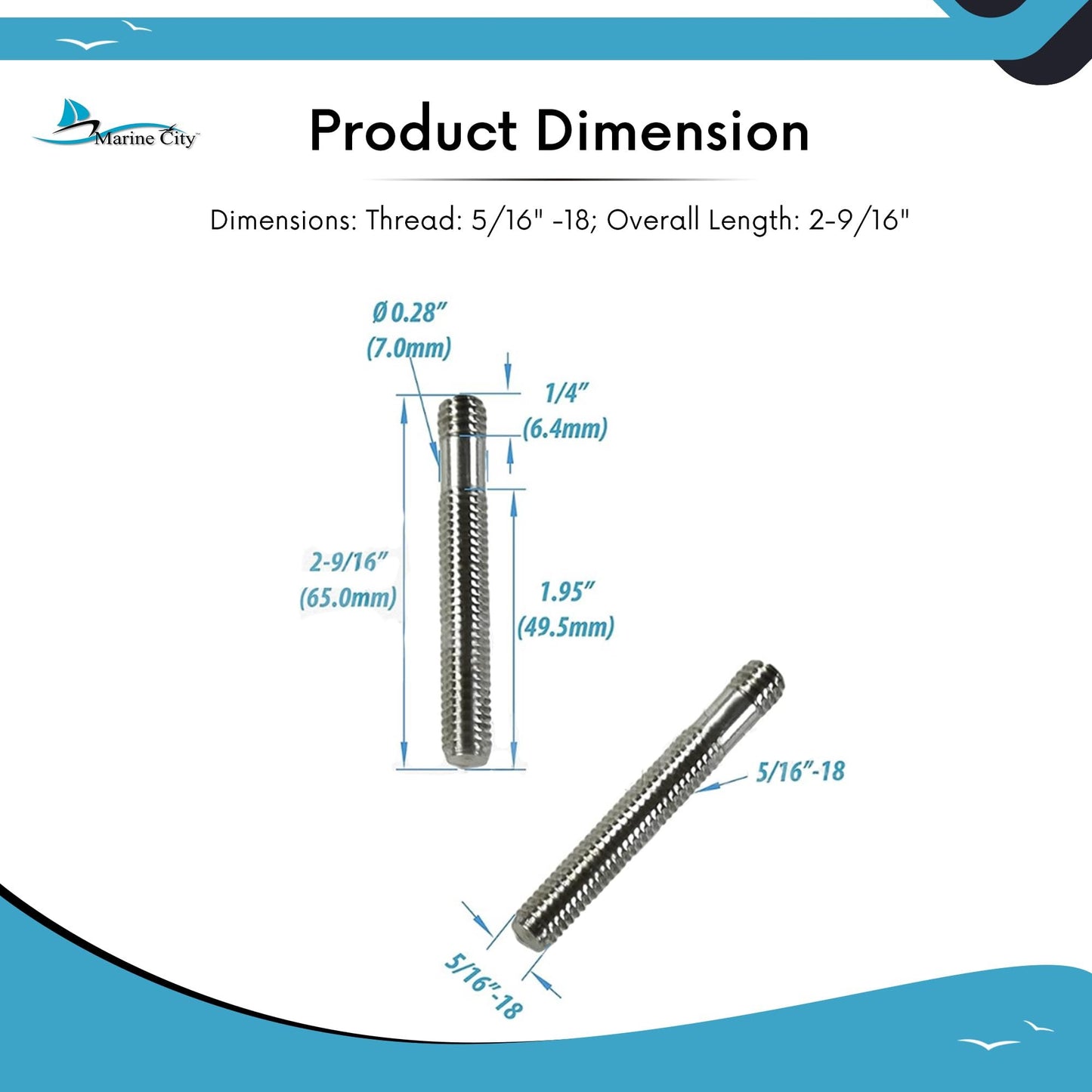 Marine City Mounting Studs Kit for Handrails & Cleats – 304 Stainless Steel