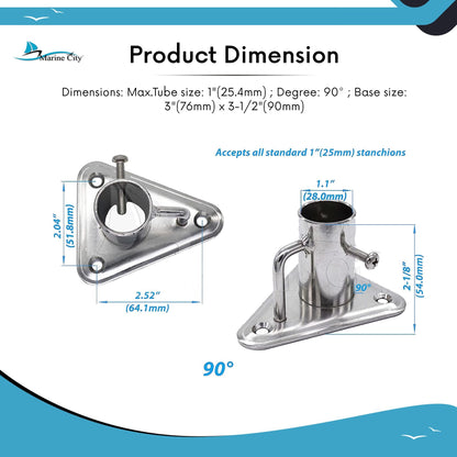 Marine City Toma de puntal de acero inoxidable 304 de 90° con base triangular y contrafuerte para tubo de Ø 1"(25 mm) para pesca en yate en barco marino