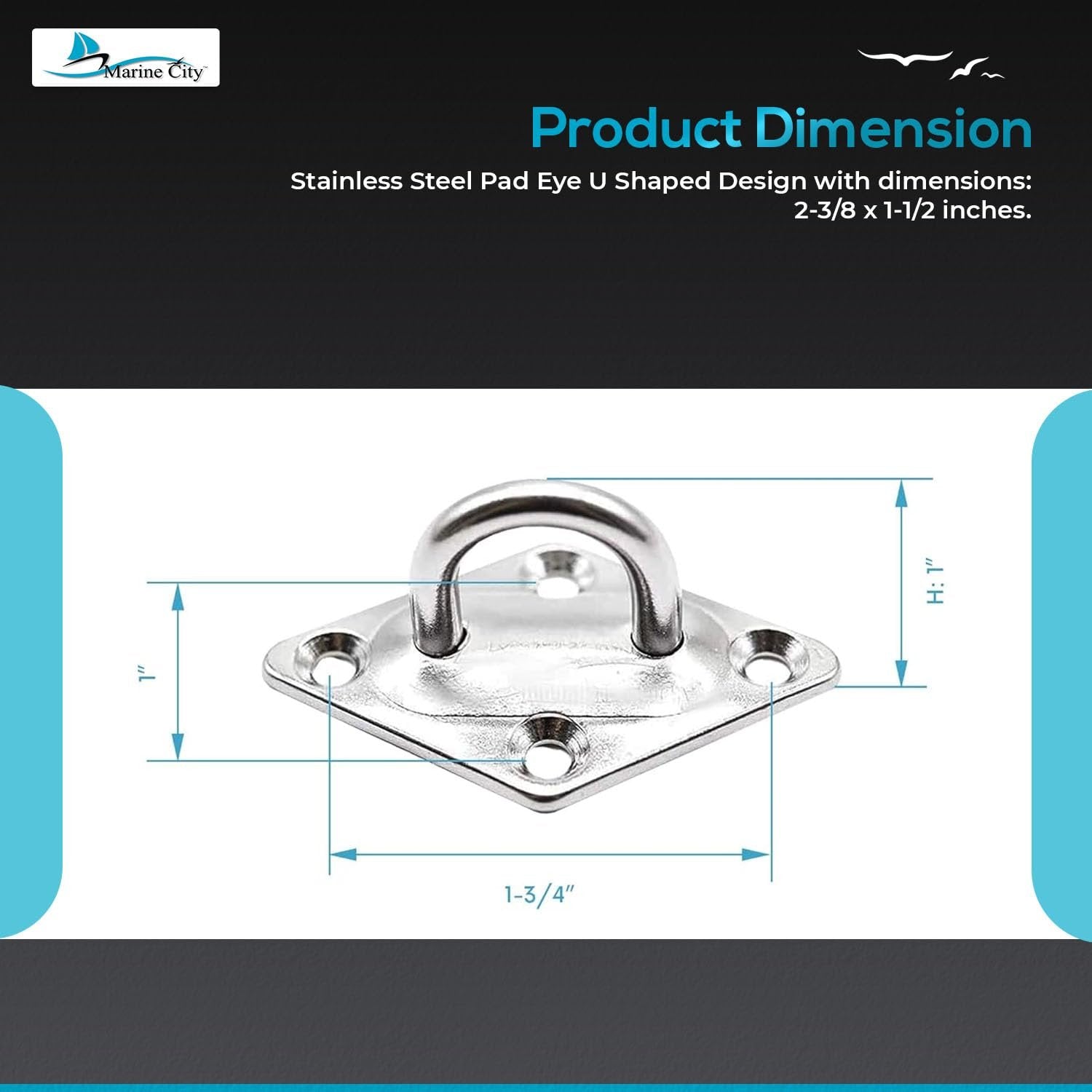Marine City U-Shaped Pad Eye – Polished Stainless Steel, 2-3/8 x 1-1/2", (2 Pcs) Marine City Hardware