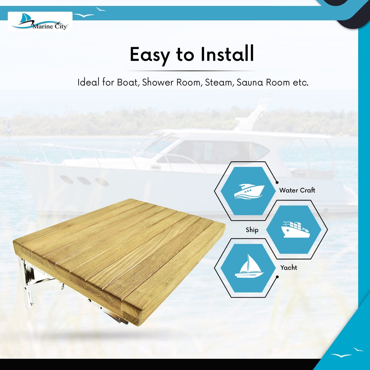 Marine City Banco plegable de teca de 18.0 x 13.0 in con ranuras para barco, cuarto de ducha, vapor, sala de sauna