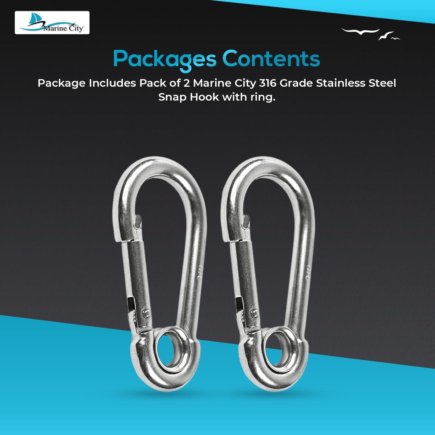 Marine City Stainless Steel Carabiner Clip Snap Hook with Ring 3-1/2” (2 Pcs)