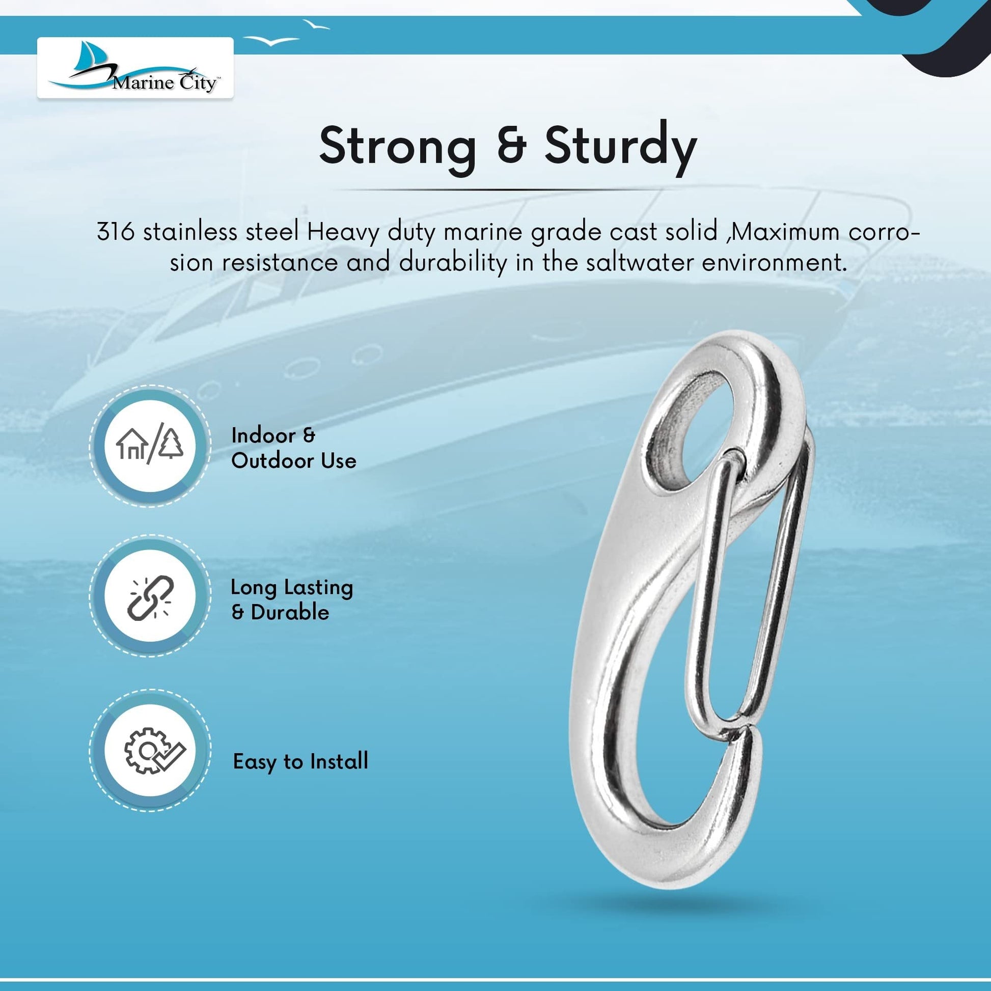 Marine City Egg-Shaped 316 Stainless Steel Spring Snap Hook – 2-1/2” for Keys Marine City