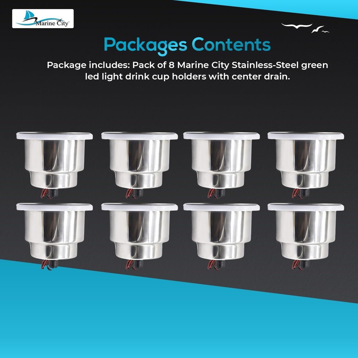 Marine City Stainless Steel Green LED Cup Holder with Drain Corrosion-Resistant Marine City