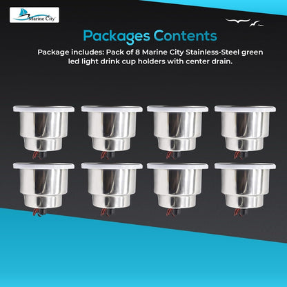 Marine City Stainless Steel Green LED Cup Holder with Drain Corrosion-Resistant Marine City