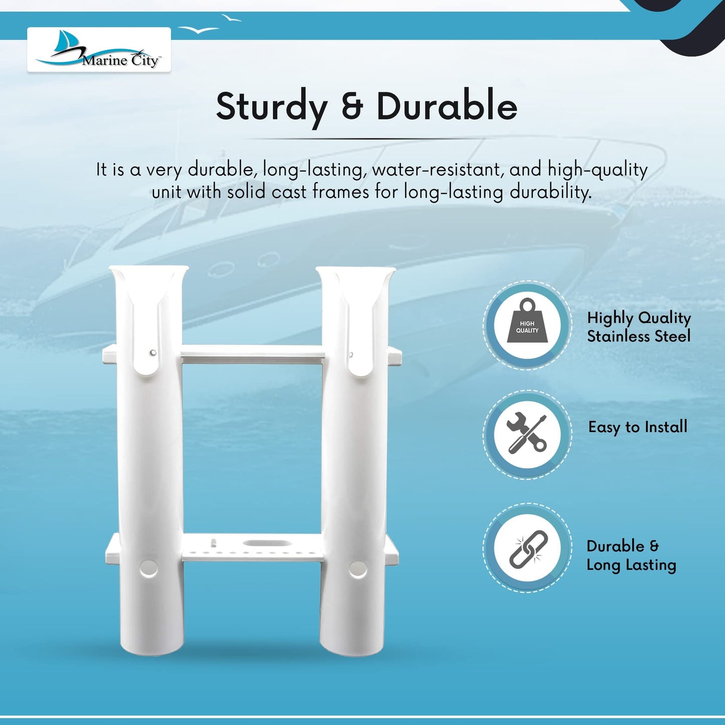 Marine City White Plastic Flush Mount Fishing Rod Holder Rack – 3 Link, 12” Tube