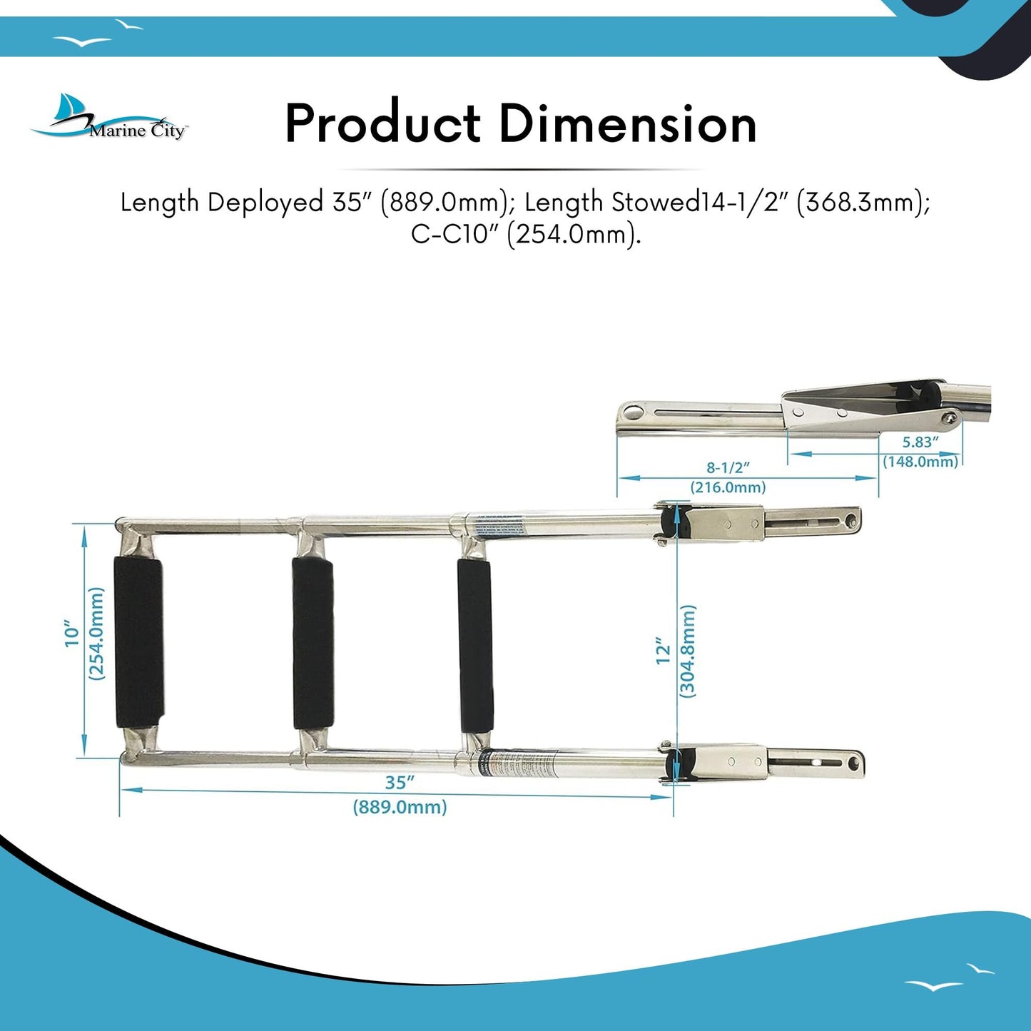 Marine City Escalera telescópica deslizante de plataforma de 3 escalones de acero inoxidable para barco