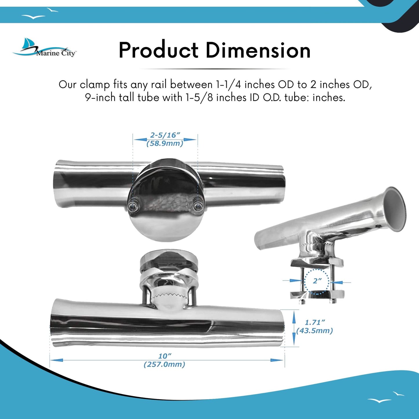 Marine City Stainless Steel Heavy-Duty Clamp-On Adjustable Fishing Rod Holder