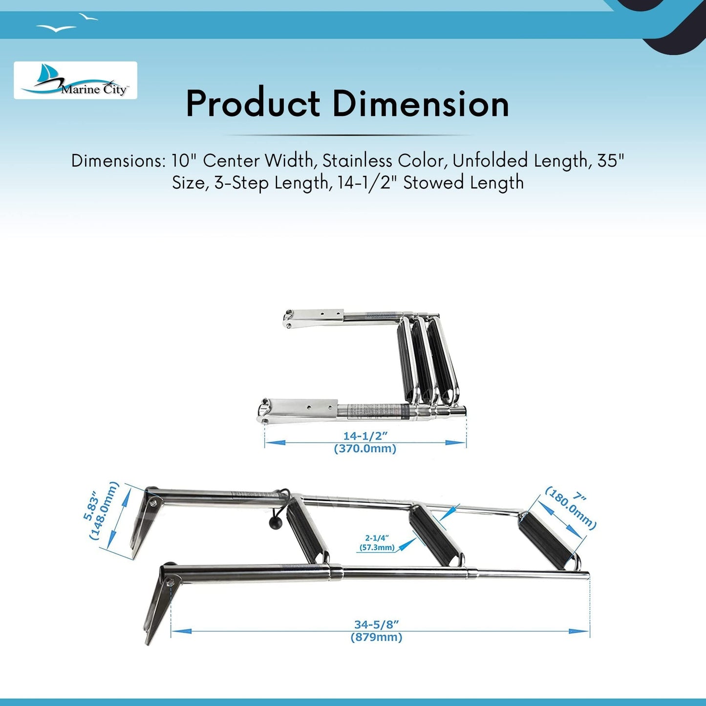 MARINE CITY 3-Step Telescoping Swim Ladder with Slide Gudgeon – Stainless Steel Marine City