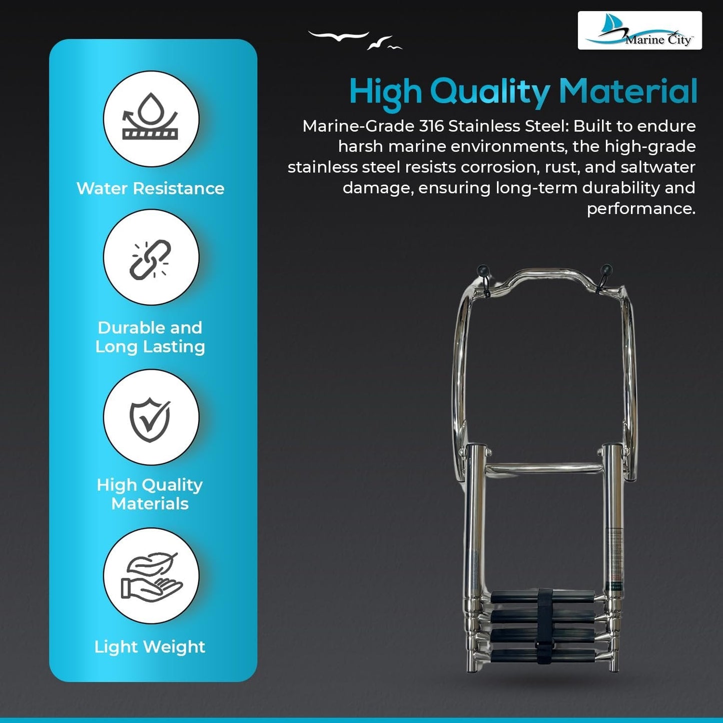 Marine City 4-Step Telescoping Boat Ladder – 316 Stainless Steel, Curved R10” MARINE CITY