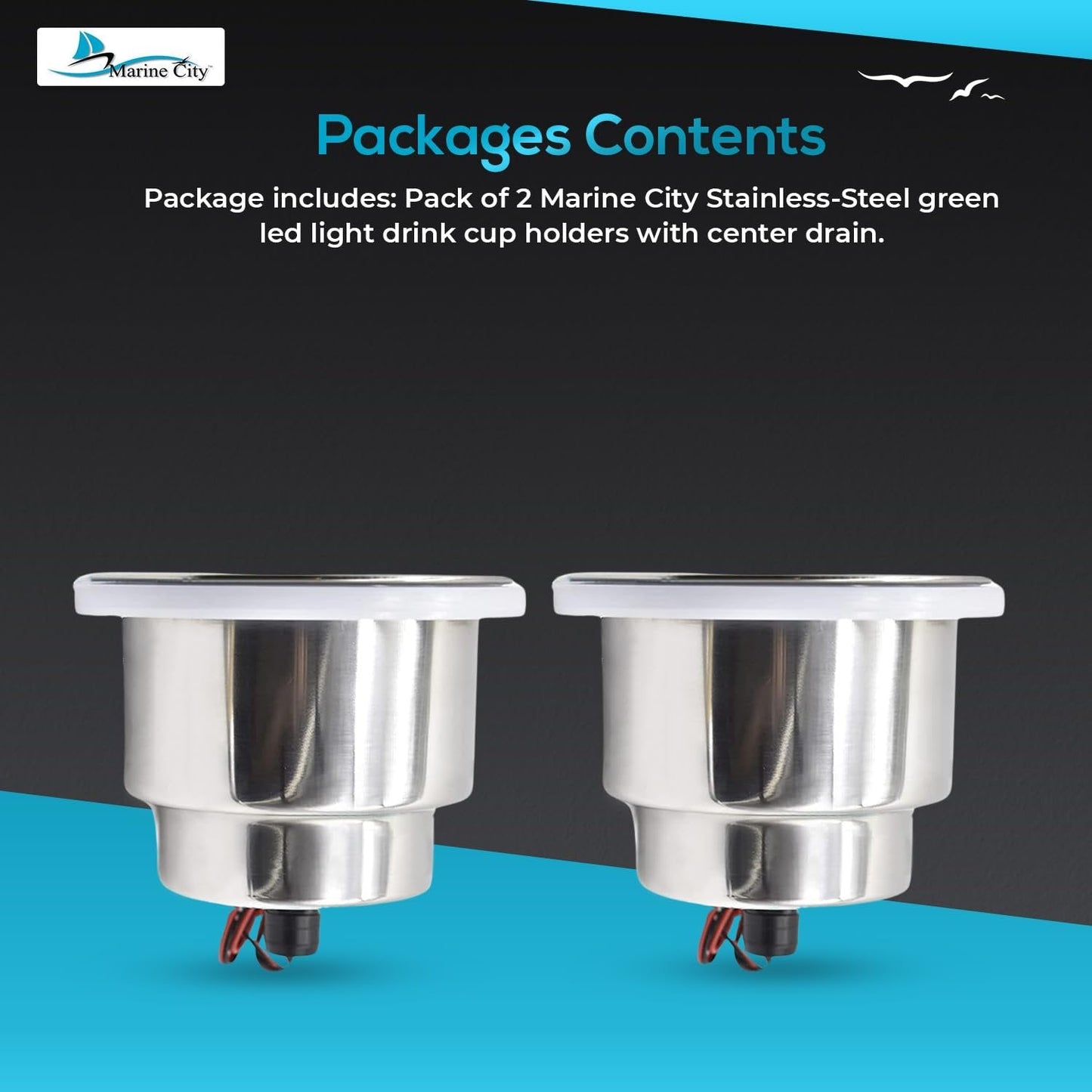 Marine City Stainless Steel Green LED Cup Holder with Drain Corrosion-Resistant Marine City