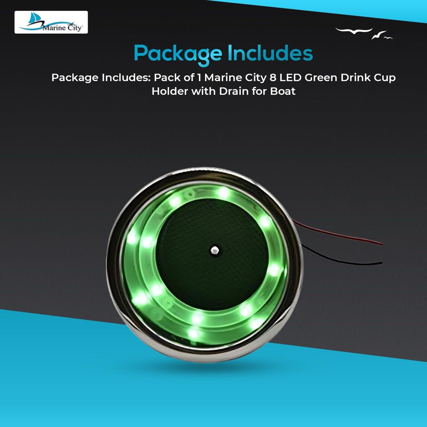Marine City Portavasos de acero inoxidable con 8 LED, color verde, con drenaje para barco, RV, mesa de póquer, encimera, tablero