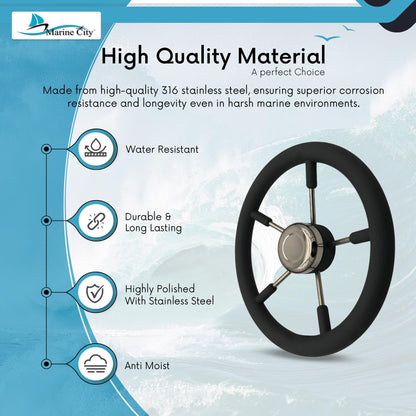 Marine City 5 Spoke Boat Steering Wheel – 316 Stainless Steel, Gray PU Foam Grip