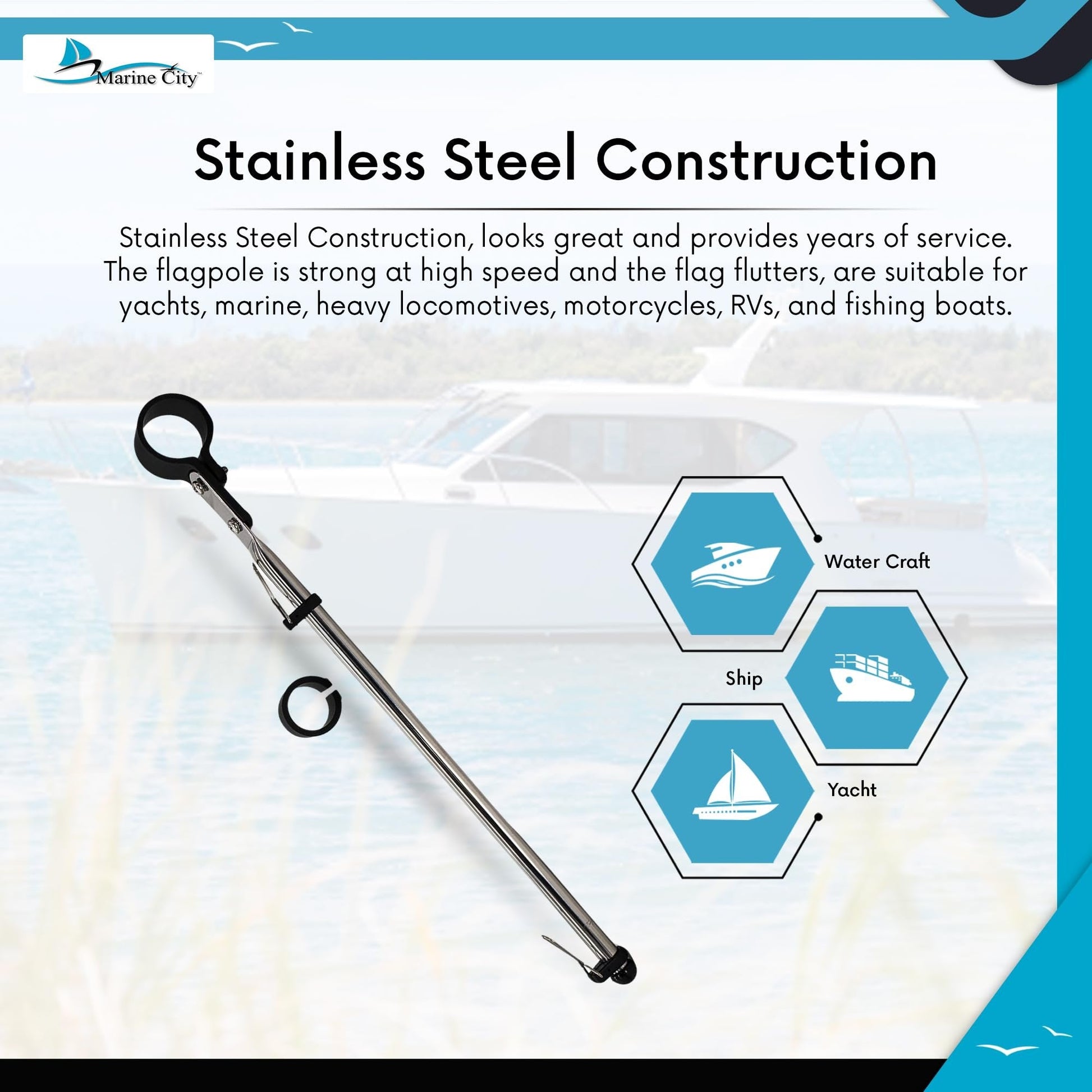 Marine City Stainless Steel Rail Mount Flag Staff Pole – Adjustable Rail Clamp MARINE CITY