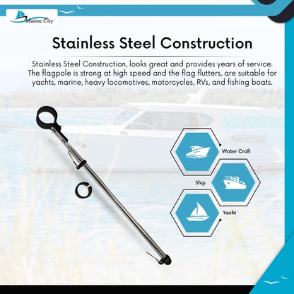 Marine City Stainless Steel Rail Mount Flag Staff Pole – Adjustable Rail Clamp MARINE CITY