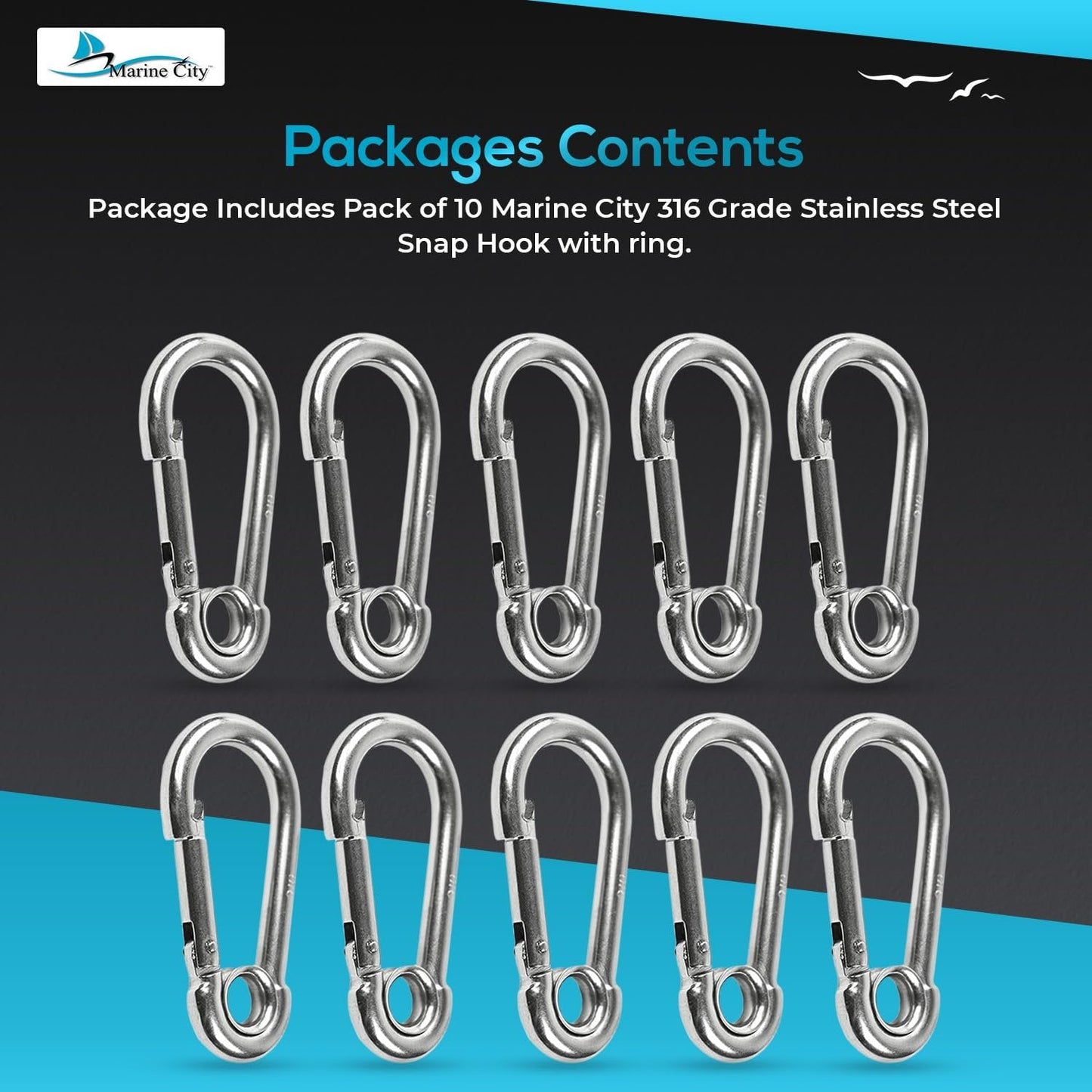 Marine City Carabiner Clip Snap Hook with Ring 4” 316 Stainless Steel, Rustproof Marine City