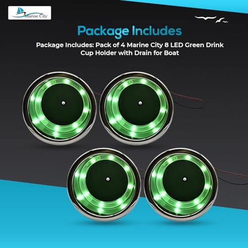 Marine City Portavasos de acero inoxidable con 8 LED, color verde, con drenaje para barco, RV, mesa de póquer, encimera, tablero