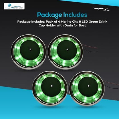 Marine City Portavasos de acero inoxidable con 8 LED, color verde, con drenaje para barco, RV, mesa de póquer, encimera, tablero