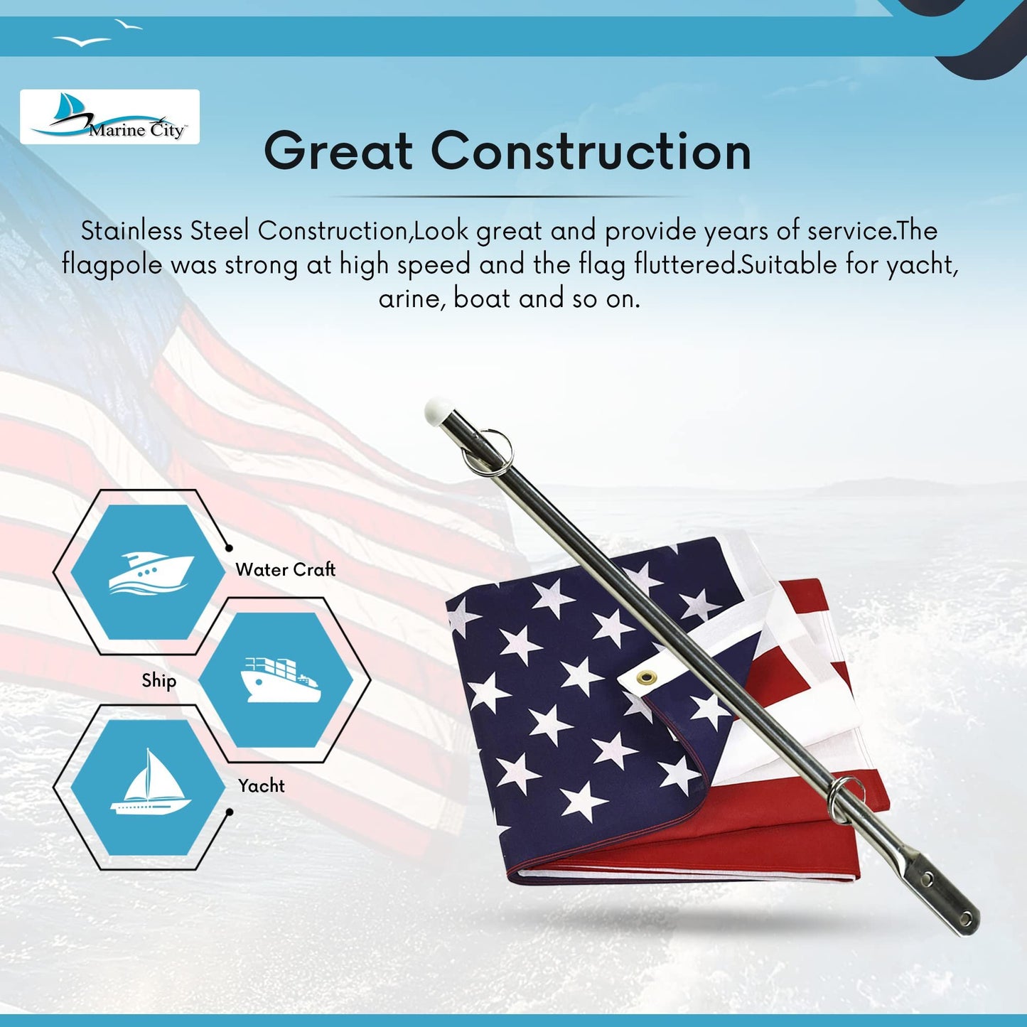 MARINE CITY 304 Stainless Steel Flag Pole with US Flag & Plastic Rail Clamp