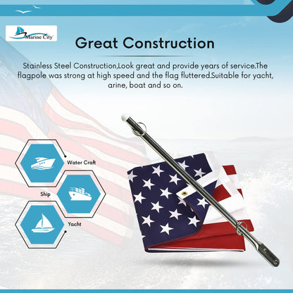 MARINE CITY 304 Stainless Steel Flag Pole with US Flag & Plastic Rail Clamp
