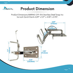 Marine City 316 Stainless Steel Snap Insta-Lock Quick Davits for Inflatable Dinghy Instant Lock System Kit