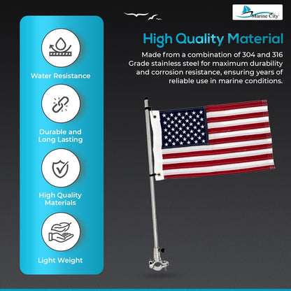 Marine City 22.5 Inches Pipe-Clamp Flagpole with US Flag – Stainless Steel MARINE CITY