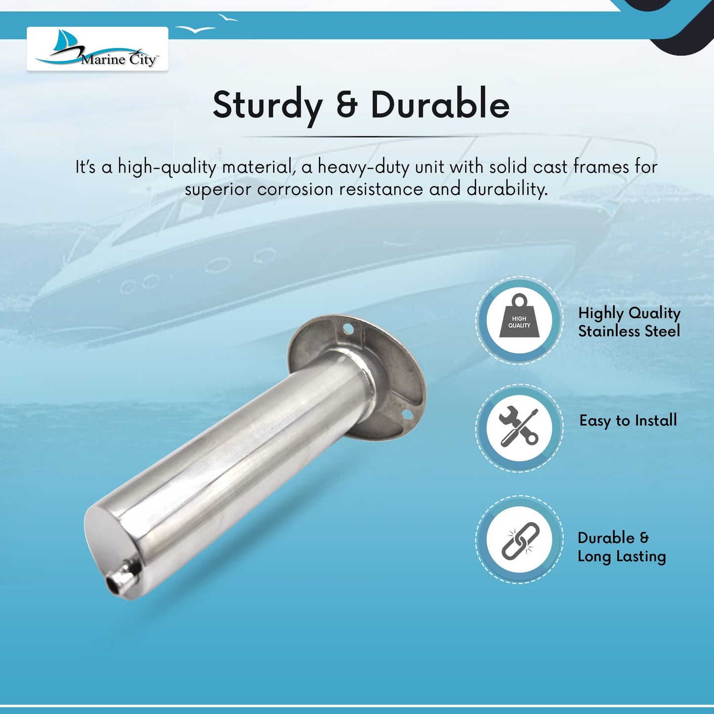 Marine City 316 Stainless Steel Flush-Mount Fishing Rod Holder with Drain