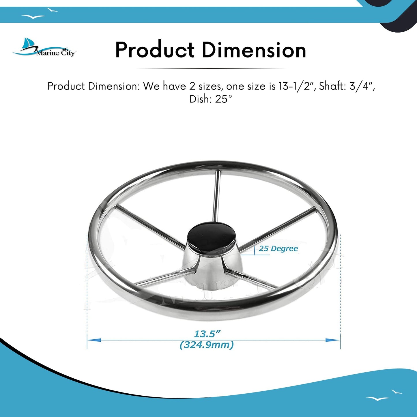 Marine City 5-Spoke Stainless Steel Steering Wheel – 304 Corrosion Resistant