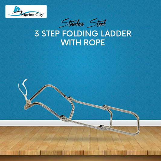MARINE CITY 3-Step Folding Boat Ladder with Rope– 304 Stainless Steel